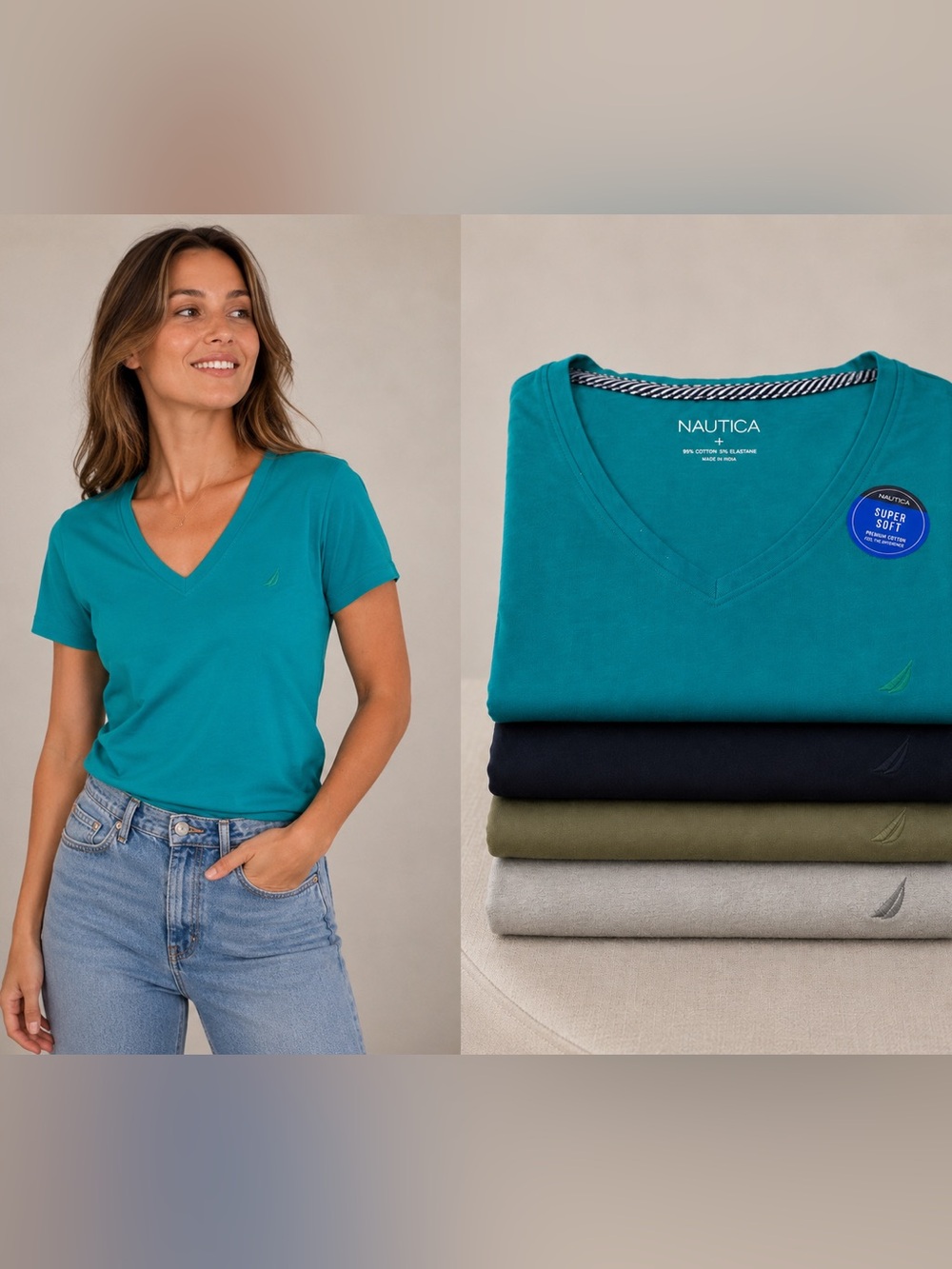 Nautica V Neck Tee Bundle S M Cotton‎ Stretch Casual Coastal Quiet Luxury 4 Pc